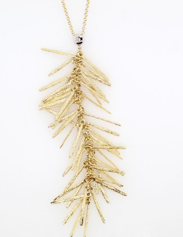 Estate Divino 18 Karat Yellow Leaf Stick Pendant  Suspended On A 16" Oval Link Chain